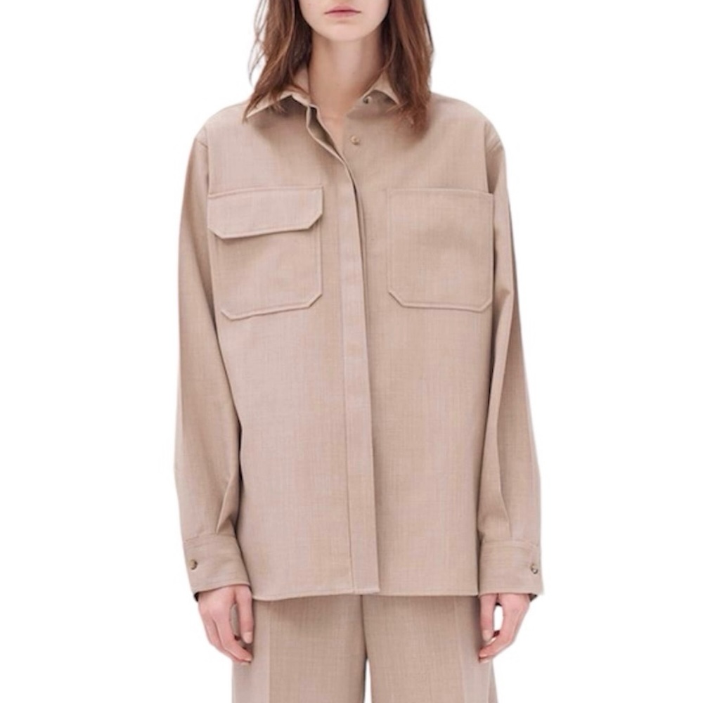 CÉLINE BEIGE MELANGE WOOL SHIRT WITH ASYMMETRICAL POCKETS SIZE 40 PHOEBE PHILO